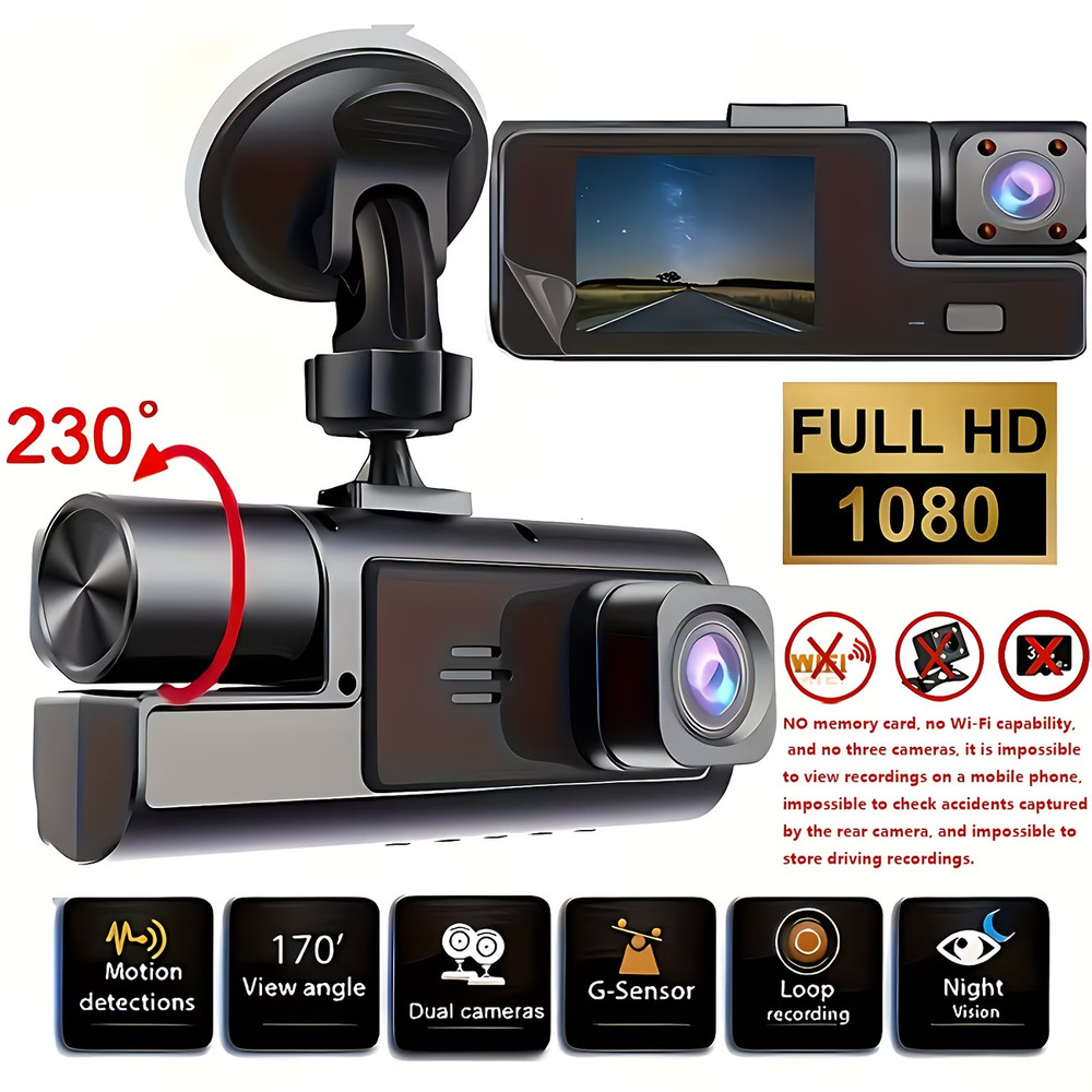 1080P Dual Dash Cam Front & Inside Car Camera IR Night Vision Loop Recording DVR