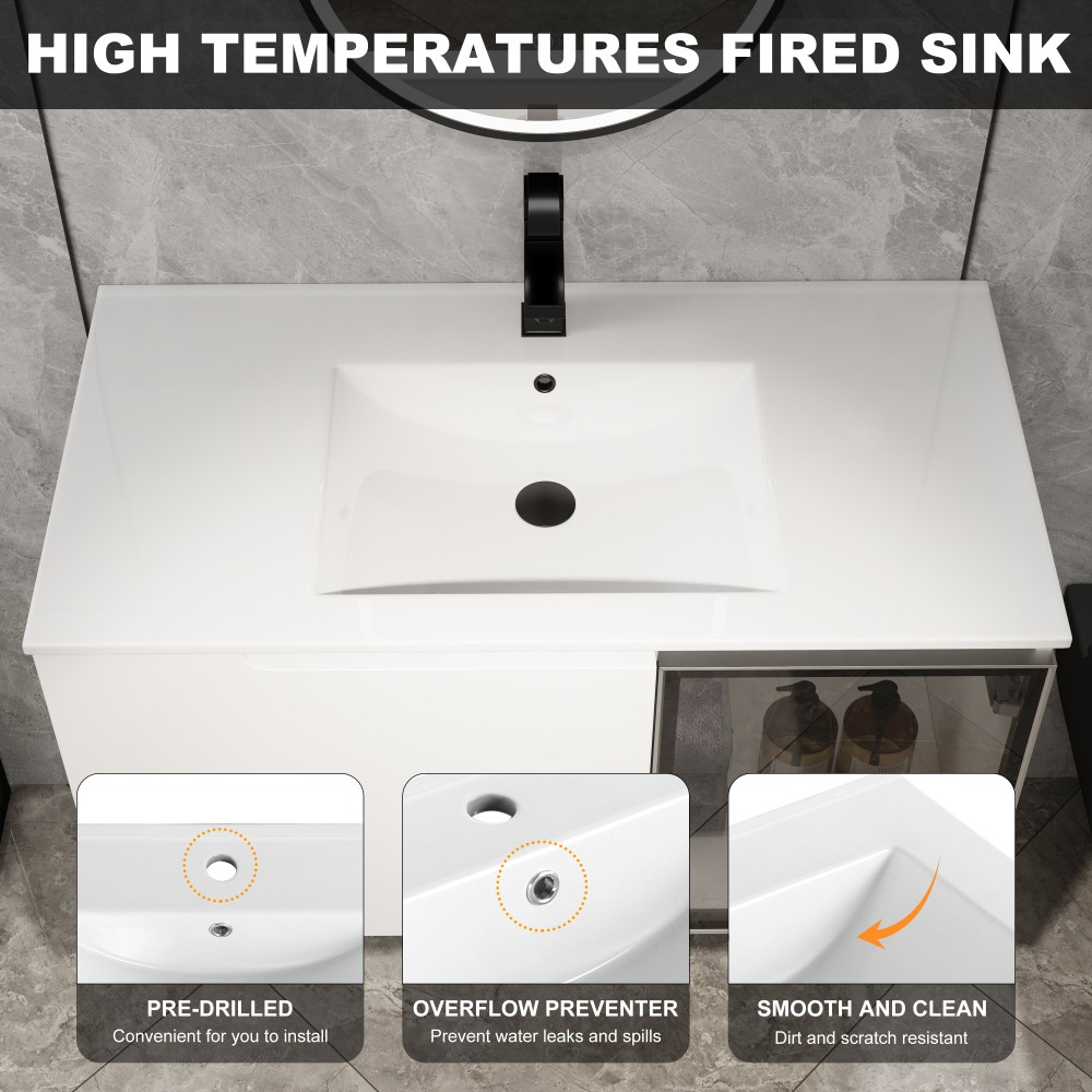 Modern Floating Bathroom Vanity w/ Ceramic Sink & Soft-Close Doors, Glossy White