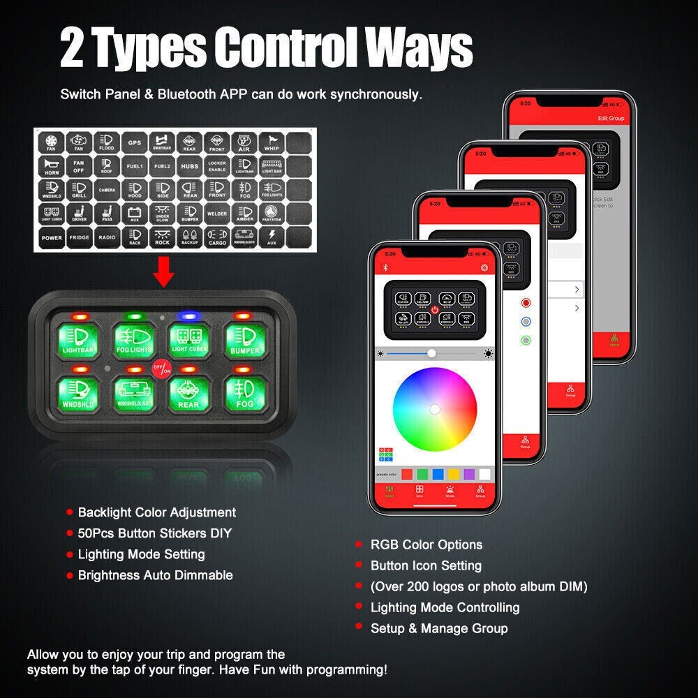RGB 8 Gang Switch Panel Toggle On-Off LED Light Bar Switch Relay System Marine