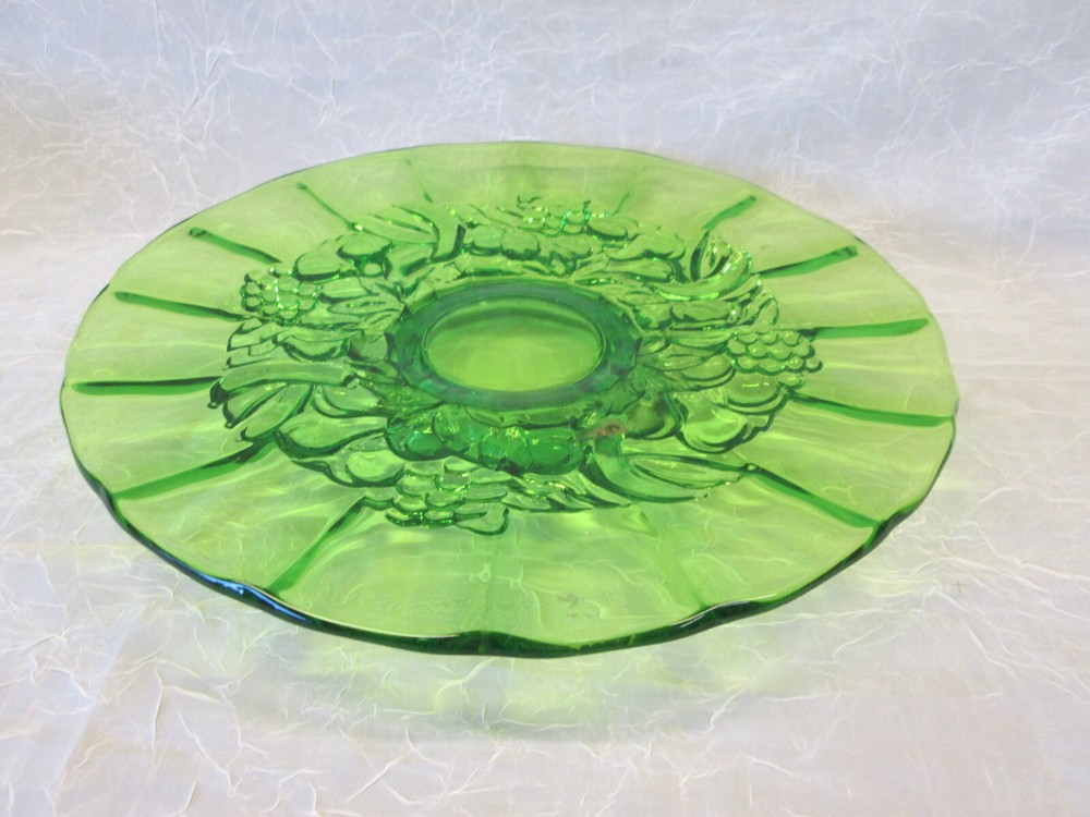 GREEN LE Smith Glass Open Server Low Footed Round Cake Stand Plate Fruit 13" w