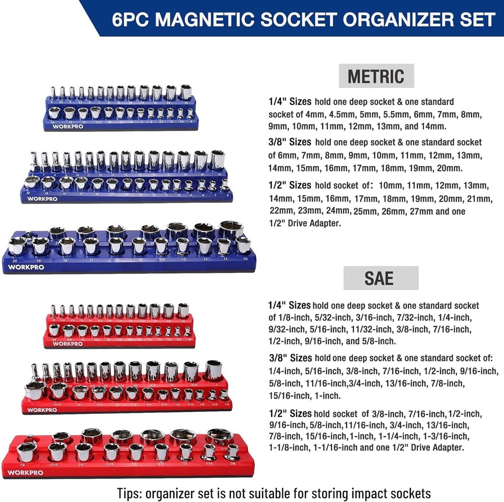 Magnetic Socket Organizer Set, 6-Piece Socket Holder Set Includes 1/4", 3/8",...