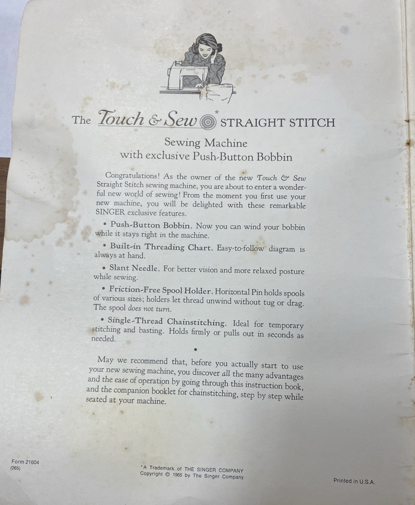 SINGER "Touch & Sew" STRAIGHT STITCH Sewing Machine Instructions
