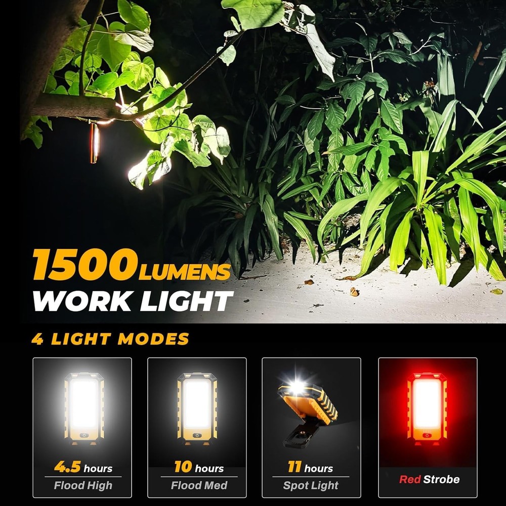 2Pack LED Work Light 1500Lumens Rechargeable Magnetic Flashlight Rotatable