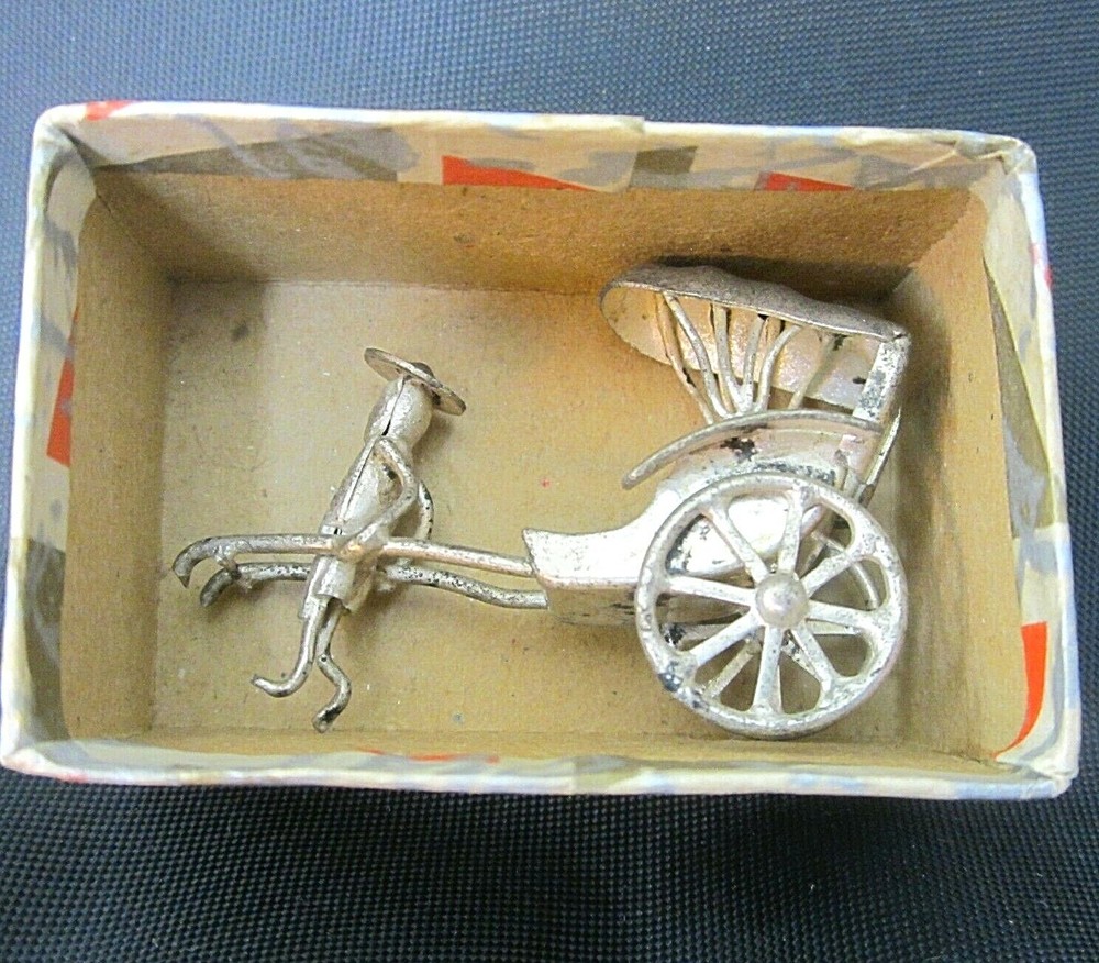Antique Silver Plated Small Oriental Man Pulls Cart Wheels Move Rickshaw