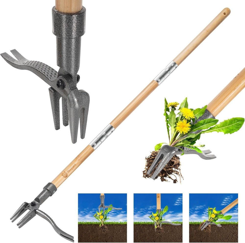 Weed Puller-Stand Up Weed Puller Tool,Adjustable 44-31.5" Bamboo Handle with Hea