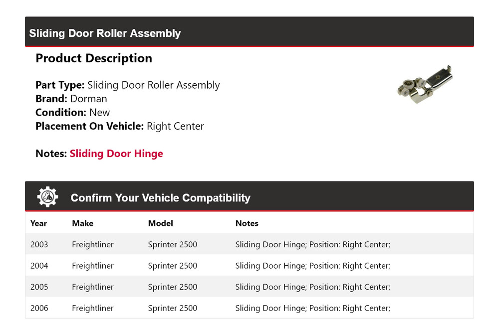For 2003-2006 Freightliner Sprinter 2500 Dorman Sliding Door Roller Assembly