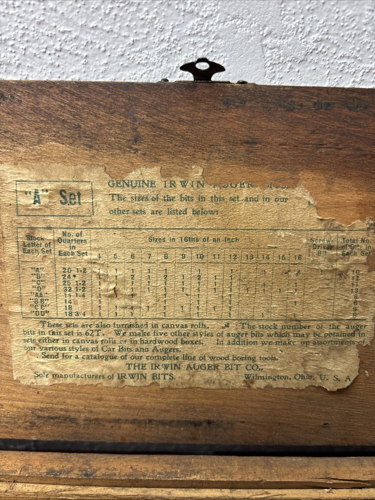 Antique Irwin Auger Drill Bit Wood Box w/ 8 auger bits