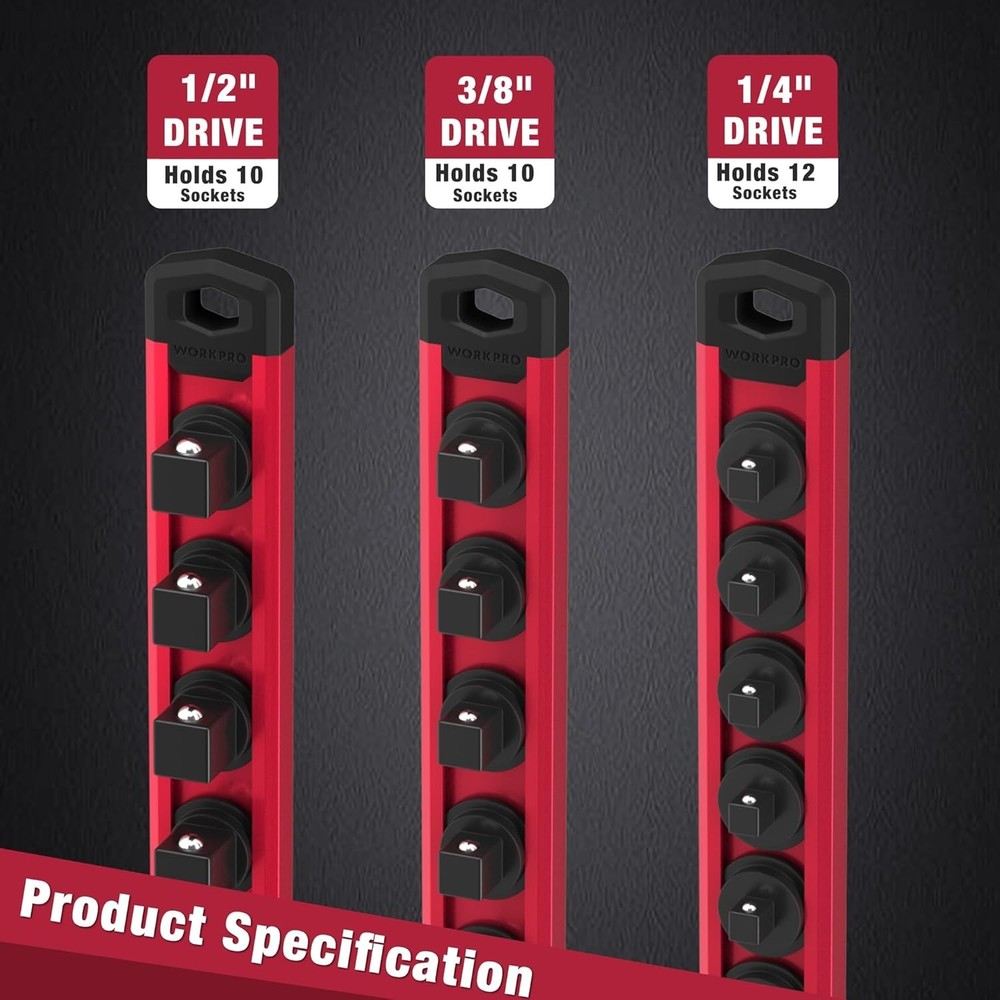 Compact Red Magnetic Socket Organizer - 3/8-Inch Drive with Rotatable Clips