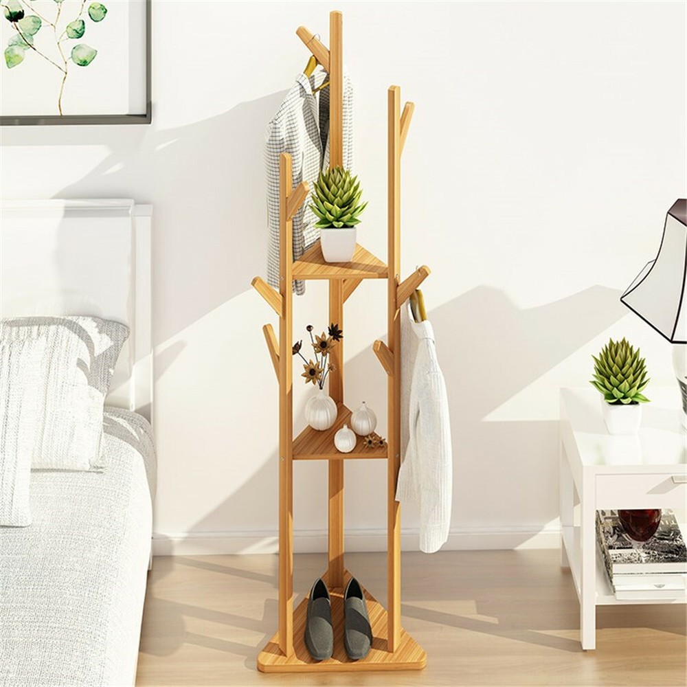 Bamboo Coat Rack Hat & Cloth Stand with 9 Hooks Free Standing Display Hall Tree