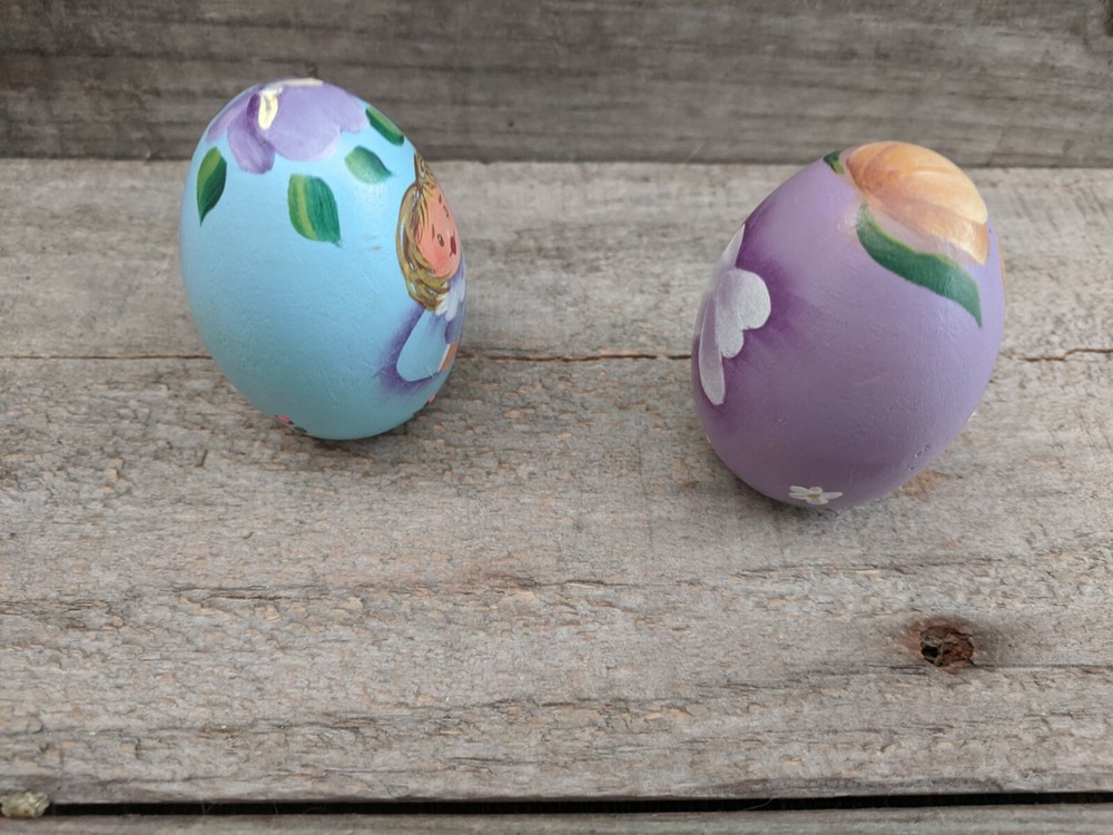 Pair of Hand Painted Wooden Spring Time Easter Eggs