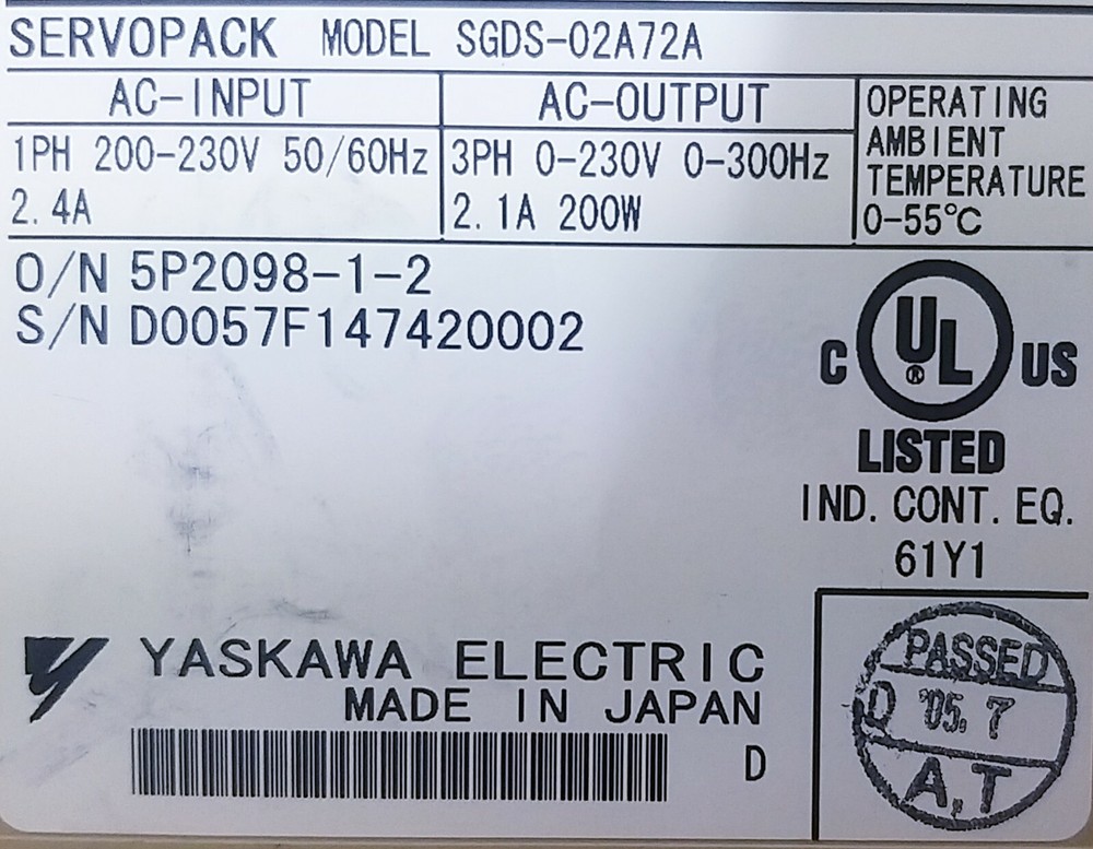 YASKAWA SGDS-02A72A SERVOPACK, USED