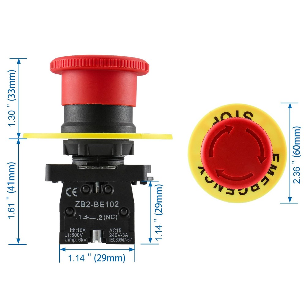 Baomain 22mm Push Button Switch 2NC N/C Red Mushroom Emergency Stop 600V