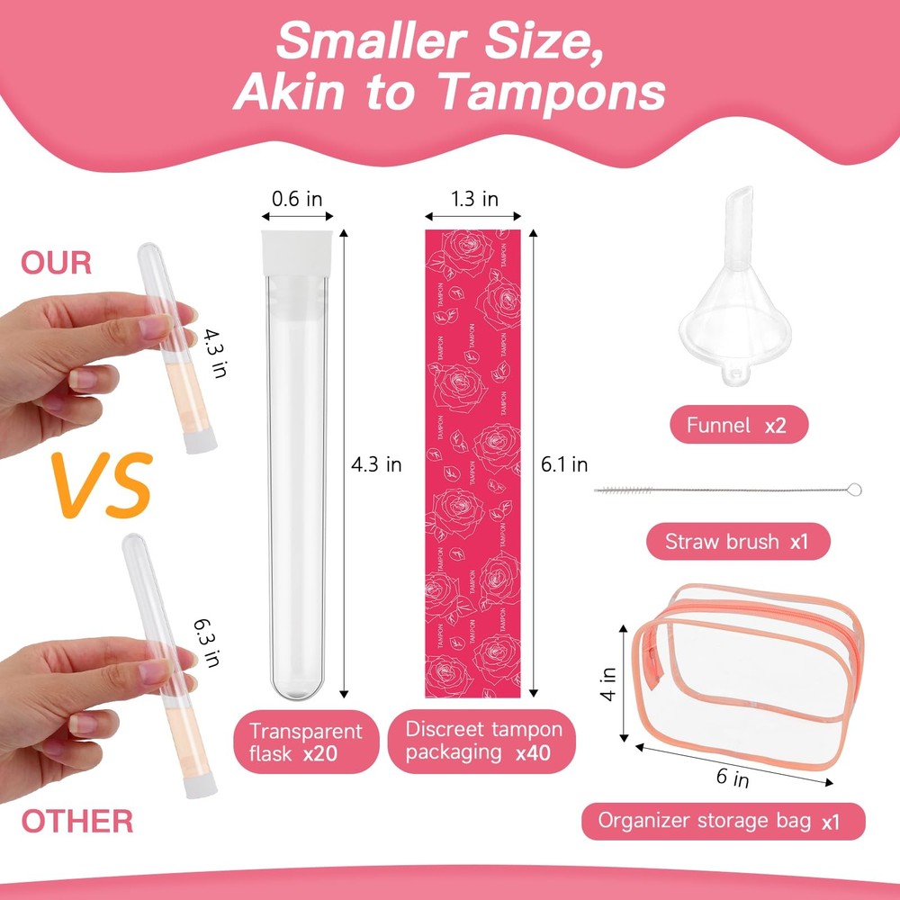 64 Pcs Tampon Flasks Set Includes 20 Reusable Plastic Flasks, 40 S, Rose Red