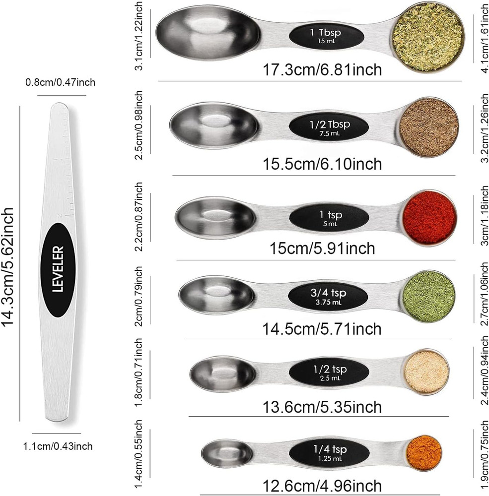 Magnetic Measuring Spoons Set Stainless Steel with Leveler, Stackable Metal Tabl