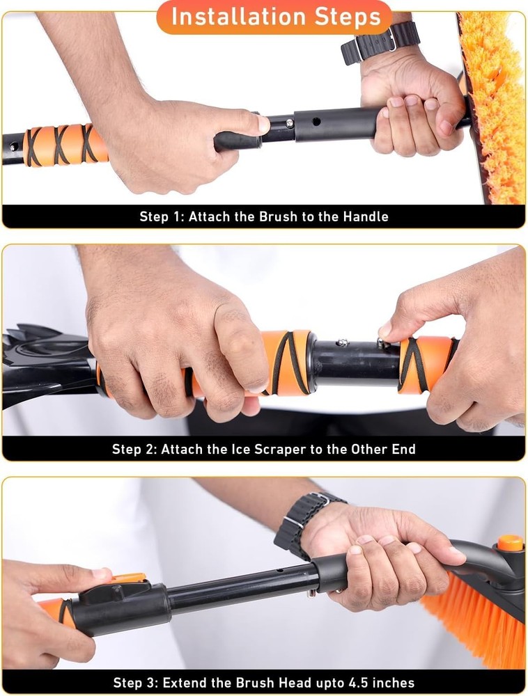 Compact 36” Snow Brush with Telescopic - 360° Rotating Ice Scraper