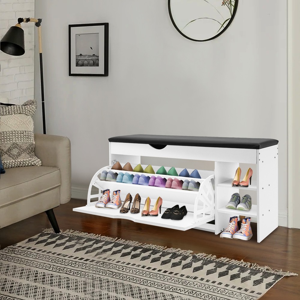 Space-Saving Triple-Fold Shoe Rack with Bench, Warm White, Entryway Storage
