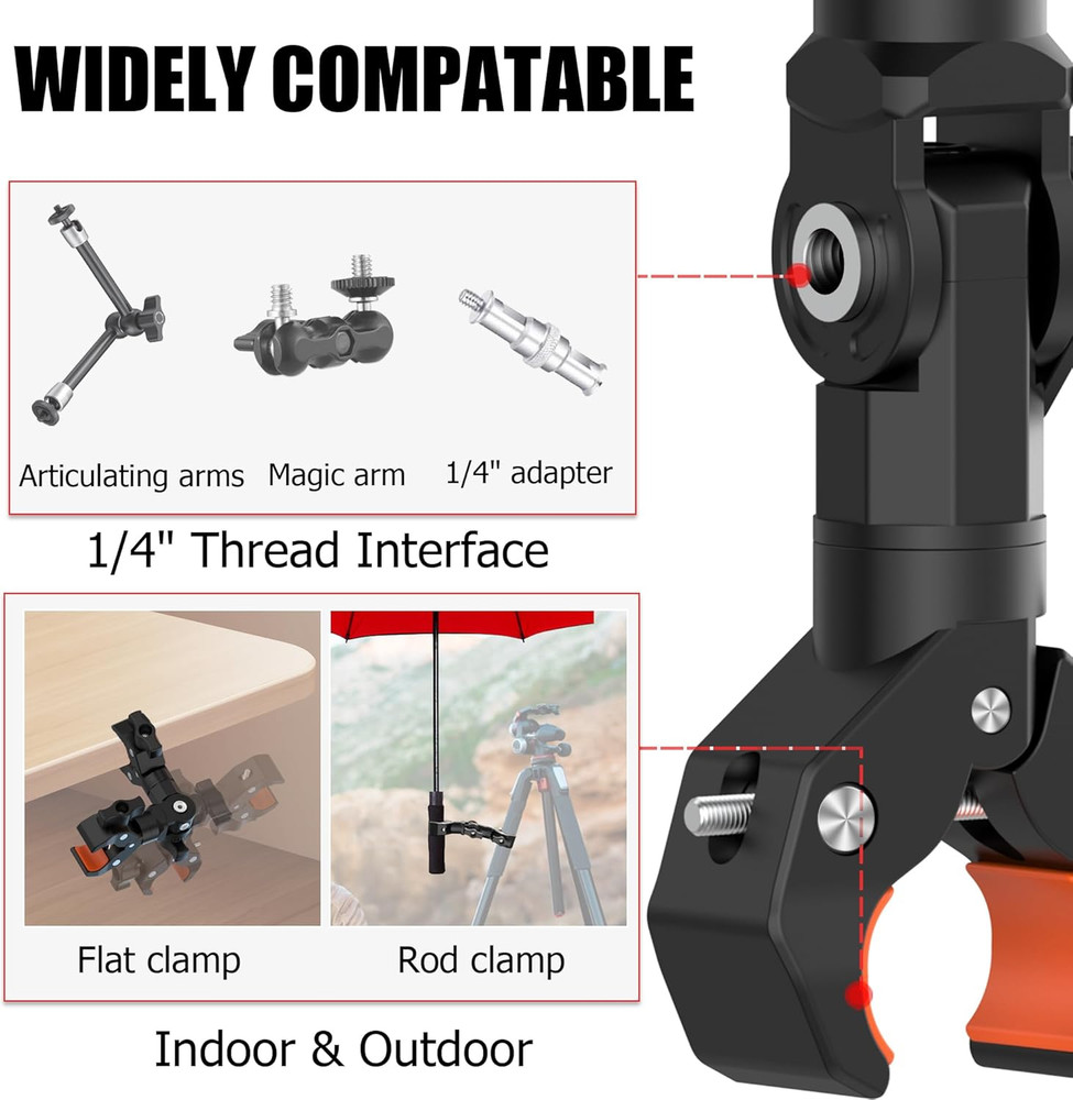 Double Clamp Mount Bracket Magic Arm with 1/4" Screw Interface, Double Super Cam