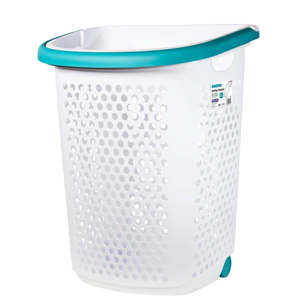 Home Logic 2 Bushel White Plastic Rolling Laundry Hamper with Pop-Up Handle