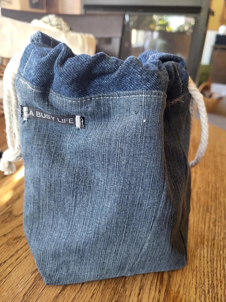 Denim, drawstring Sock Sack, Drawstring bag,small project bag, small storage bag