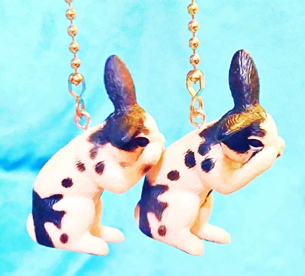 Set of Two ~ Shy Black White Spotted Dutch Rabbit ~ Ceiling Fan Pulls