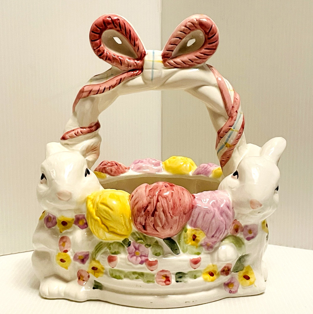 Ceramic Easter Egg Basket with Bow Handle Spring Bouquet and 2 Bunnies/Rabbits.