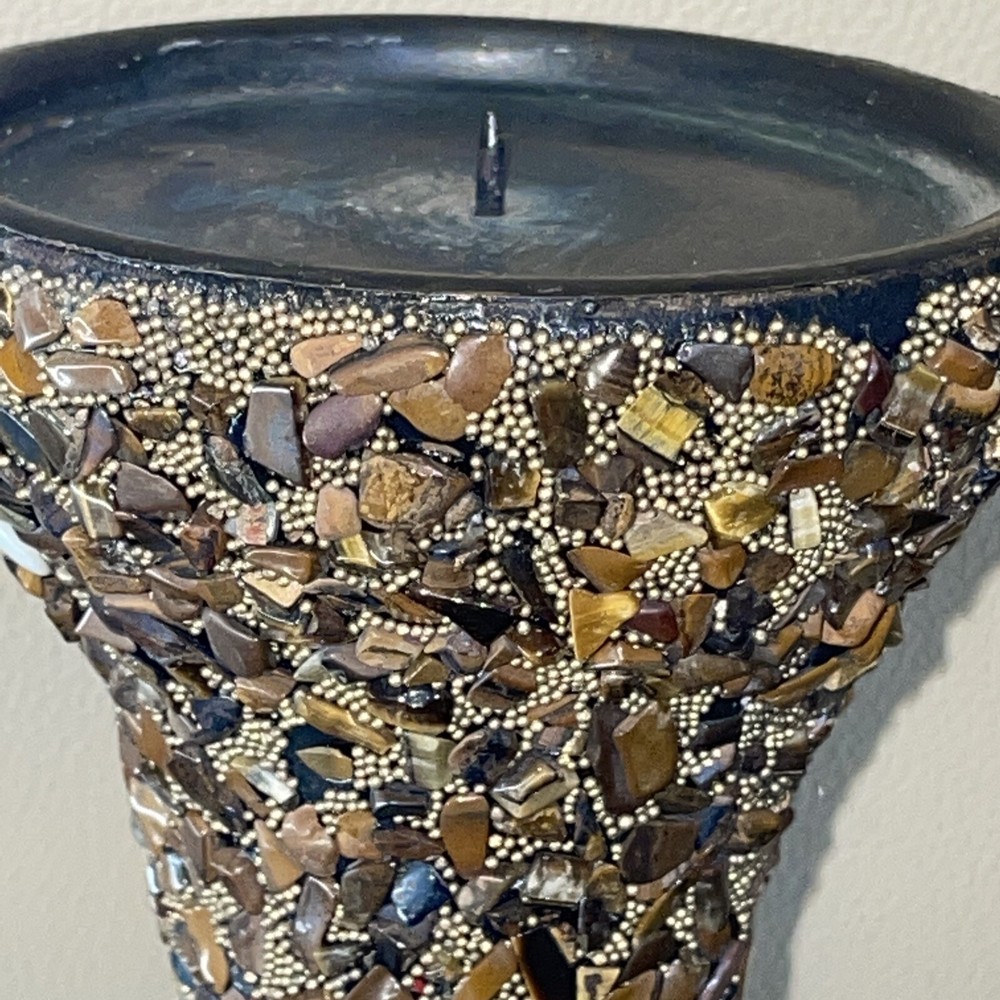 Two Gorgeous Beaded/stone Design Pillar Candle Holders (beautiful!!!) 15”