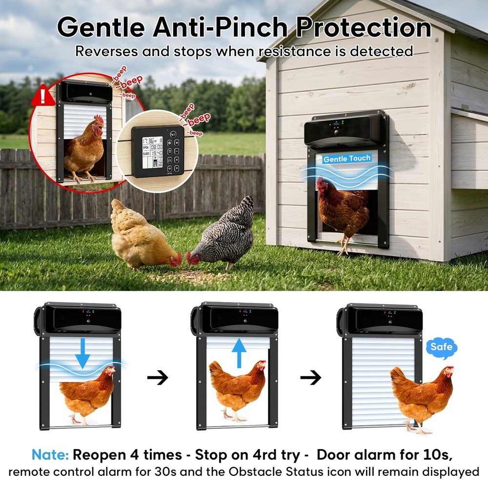 Automatic Chicken Coop Door with Remote Display, Solar Powered Roll-up Chicke...