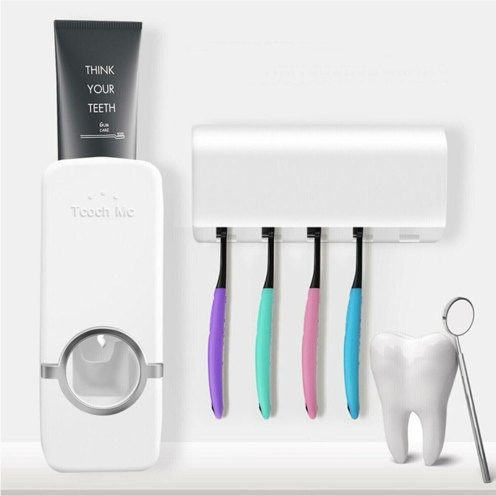 Automatic Toothpaste Dispenser and 5 Toothbrush Holder Set Wall Mount Stand
