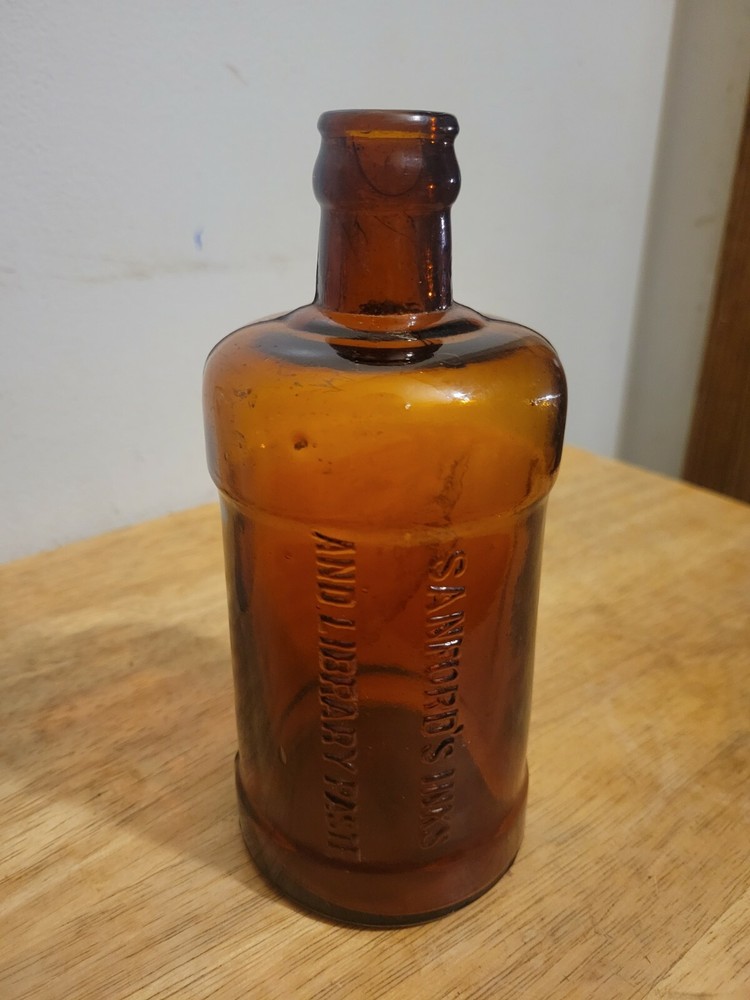 SANFORD'S INKS & LIBRARY PASTE PINT HAND BLOWN 7" TALL BOTTLE AMBER