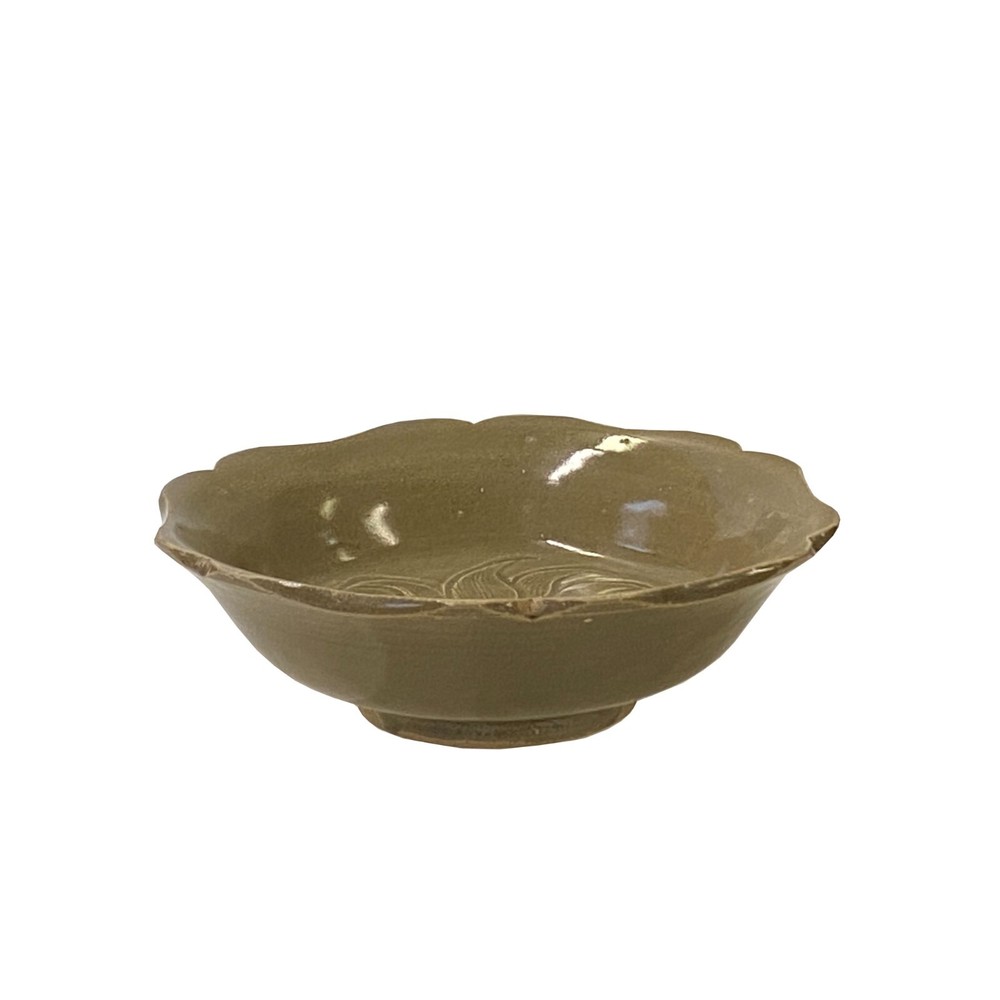 Chinese Ding Ware Tan Olive Glaze Flower Pattern Ceramic Bowl Display ws3280