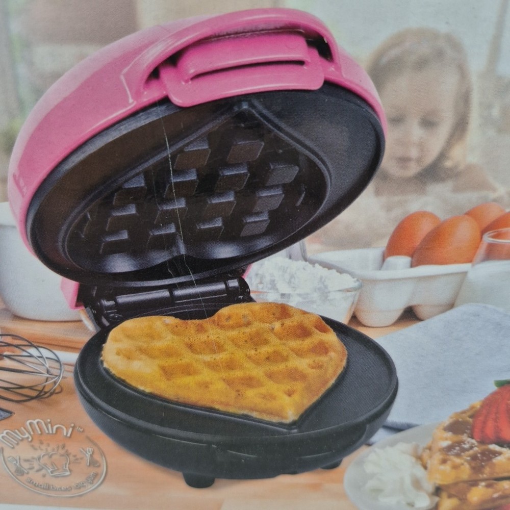 Compact Waffle Maker Heart Shaped MyMini Nostalgia Small Space Non Stick Surface