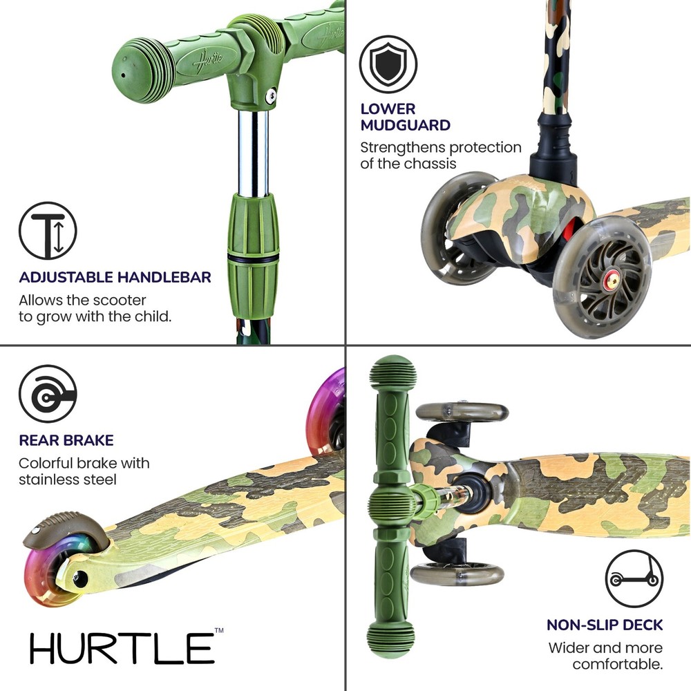 Hurtle Lightweight & Adjustable Mini Kickboard Scooter w/ LED Light Wheel (Camo)
