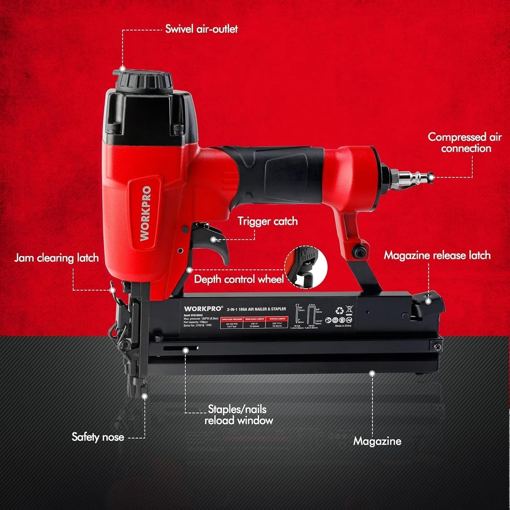 Versatile 18 GA Brad Nail Gun, 2-in-1 Stapler, Adjustable Depth, Carpentry