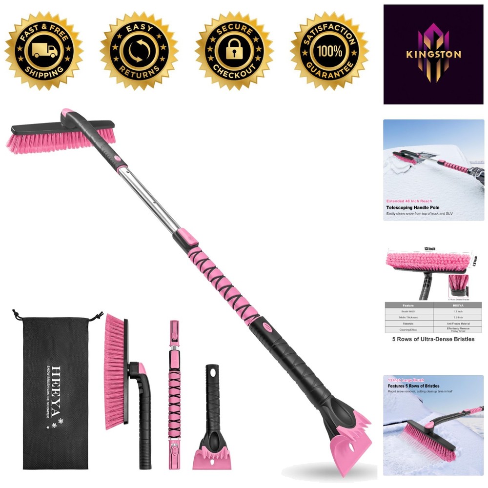48-Inch Extendable Snow Brush & Ice Scraper with 360° Pivot for SUVs - Pink