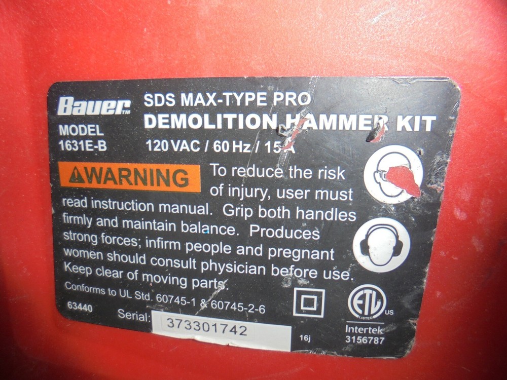 BAUER DEMOLITION HAMMER KIT (MODEL: 1631E-B)