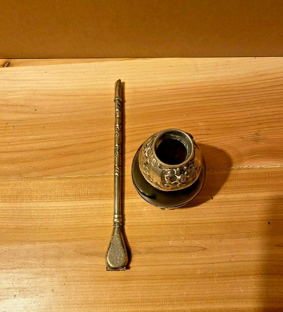 Antique 800 Silver Yerba Mate & Bombilla drinking straw