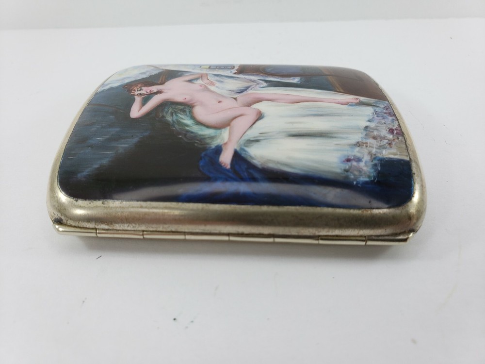 Vintage Silver Plated Hand Painted Nude Enamel Cigarette Case