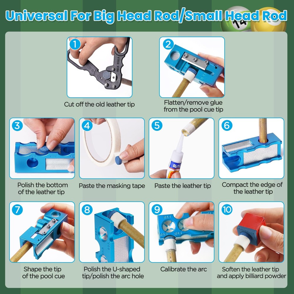 11in1 Pool Cue Tips Replacement Kit Portable Shaper Professional Stick Tool