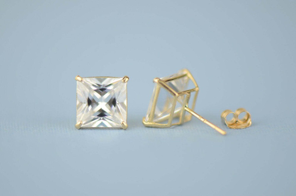 14k solid yellow gold square clear CZ basket set stud earrings 3mm-10mm