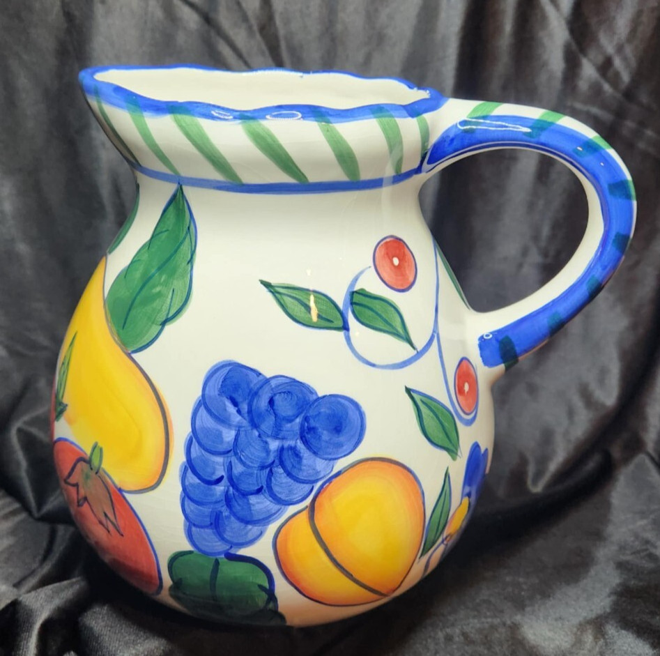 Rooster & Fruit Ceramic Pitcher 2 Quart 7.75" Tall and coffee mug