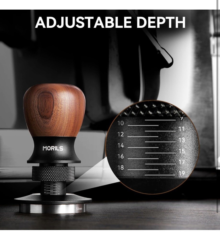 MORILS Walnut Wood Coffee Espresso Tamper Adjustable Depth 53.3mm