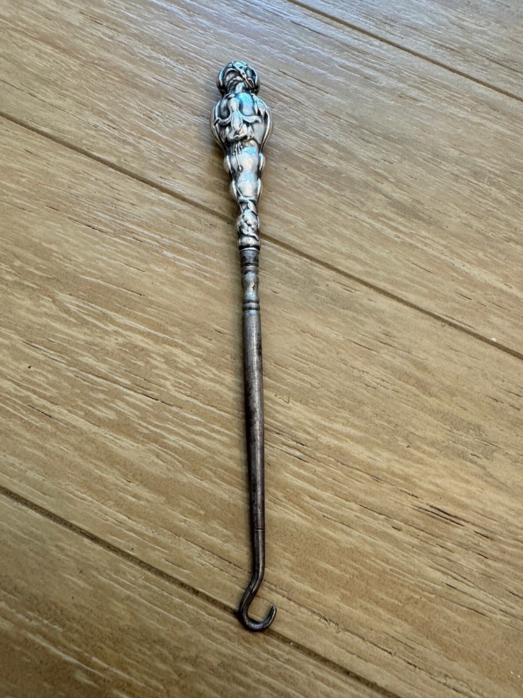 Antique Sterling Silver Handle Button Hook w/ Dangling / Hanging Flower Design