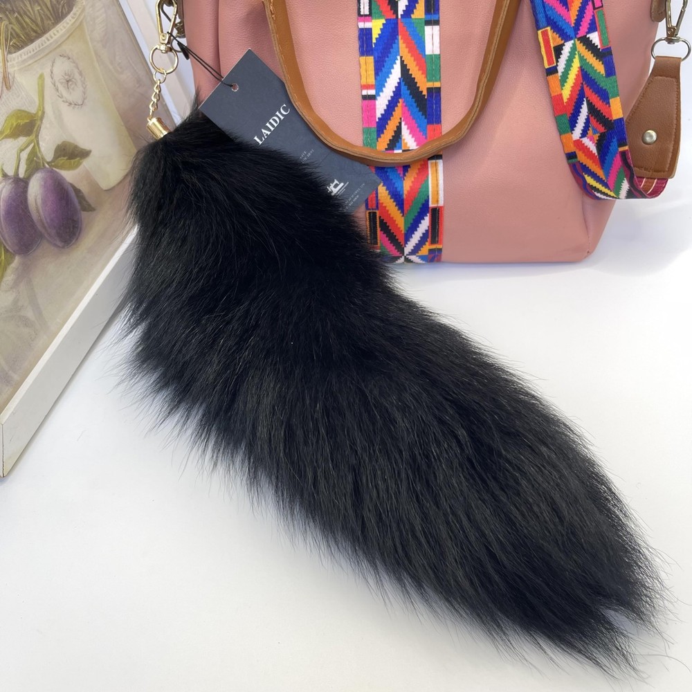 LAIDIC cat tail fox keychain furry backpack 40, Black Fox Tail