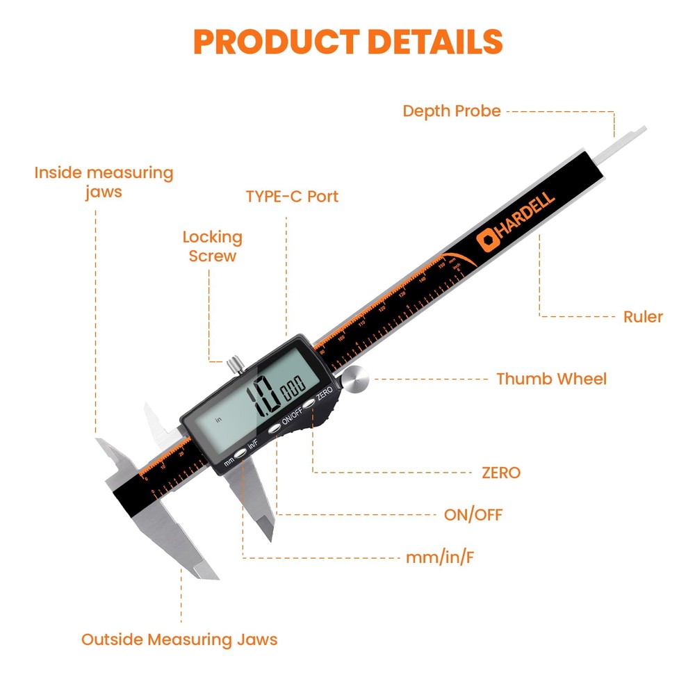 HARDELL Digital Caliper, Rechargeable Calipers with Large LCD Screen, 6 Inch