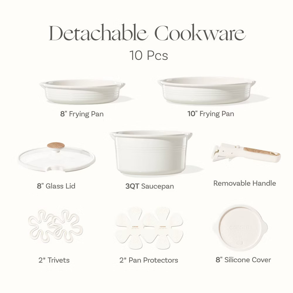 Carote 10pc Ceramic Nonstick Cookware Set with Detachable Handle Cream
