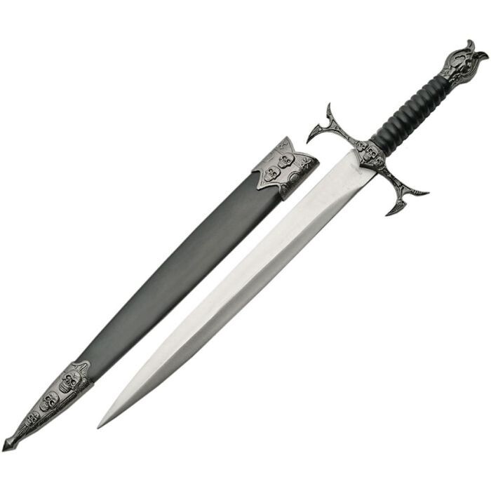 Skull Fixed Knife 8.5 Stainless Steel Dagger Blade Black Sculpted Plastic Handle
