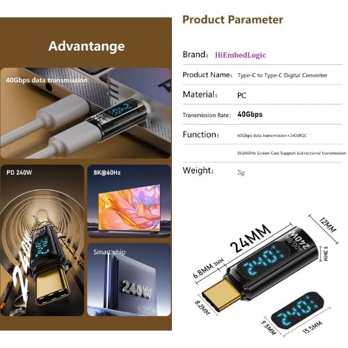 USB C 8K 40Gbps Mini Digital Meter USB 4.0 Type-C Extension Adapter Display
