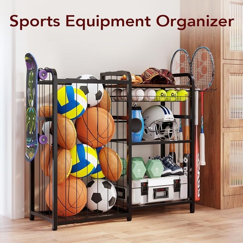 Sports Ball Storage Rack W/ Pull-Out Basket Multi-Function Hooks Organizer Black