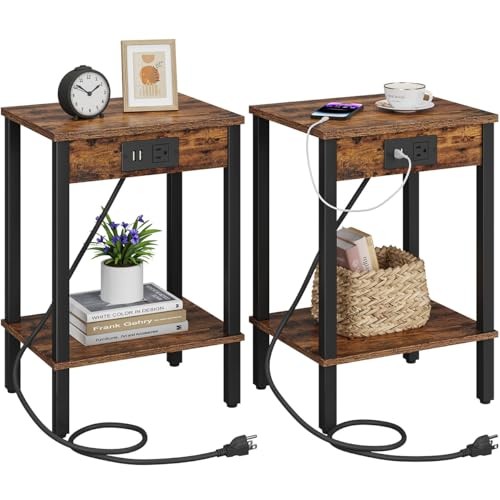 Side Table with Charging Station, Set 2 Set Rustic Brown Engineered Wood Legs