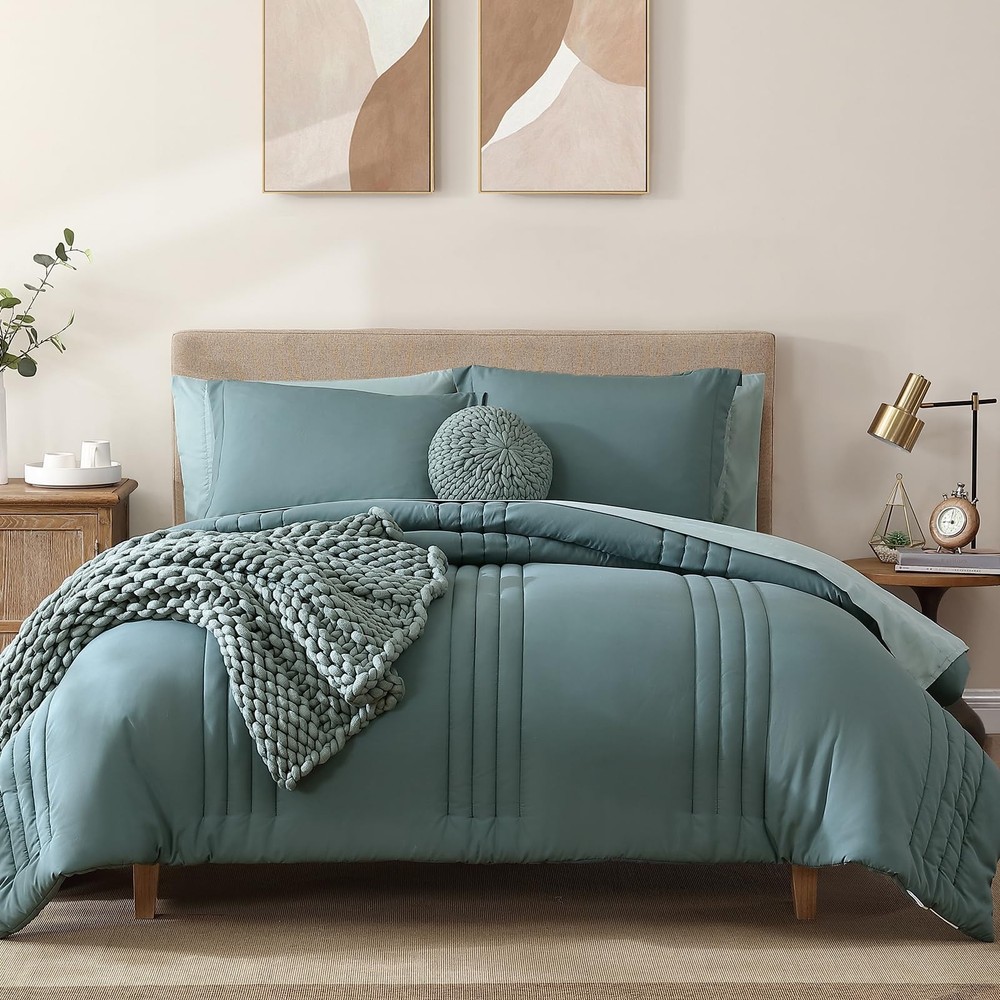 Comforter Set 7 Pieces Blue Green Solid 002 Monbix Queen Bedding Sets Comforters